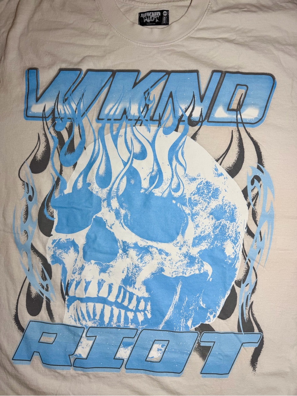 Wknd Riot Graphic Tee Shirt Cream Blue Flaming Skull Streetwear Mens Size 2X - Picture 2 of 5